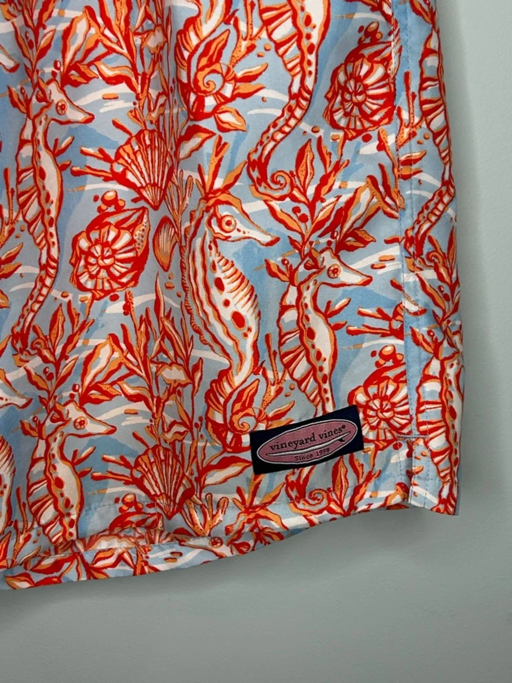 Vineyard Vines Men's Light‎ Blue Swim Suit with Orange Seashell Seahorse Print